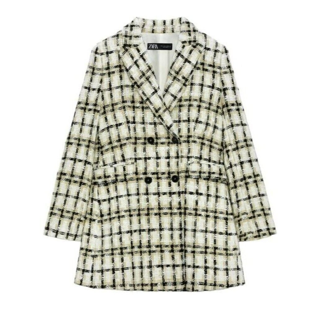 ZARA Double Breasted Long Blazer in Plaid Rigged Check Tweed Fabric - Picture 2 of 10